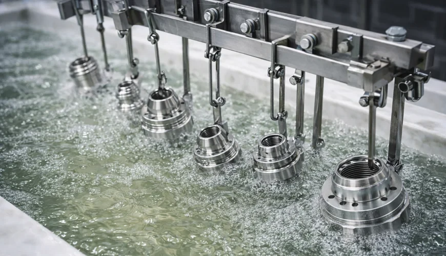 Rack electroplating holds individual parts on a rack during processing. It is suitable for larger, delicate, or geometrically complex CNC components that require controlled positioning.